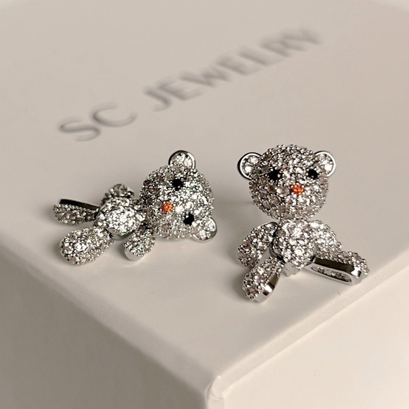 Teddy Bear Earrings Platinum Plated 925 Sterling Silver Luxury Earrings - Picture 10 of 16